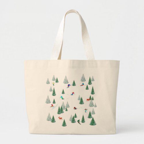 Skiers Downhill Skiing Illustration Ski Party   Large Tote Bag