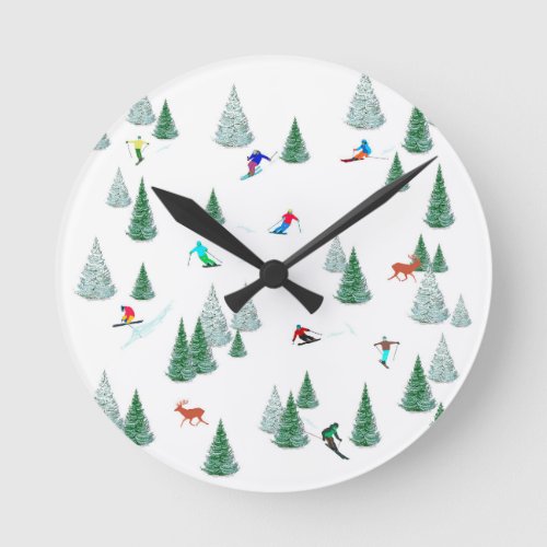 Skiers Downhill Skiing Illustration Ski Party   Round Clock