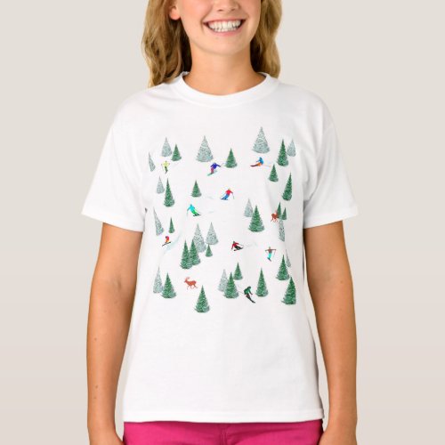 Skiers Downhill Skiing Illustration Ski Party   T_Shirt