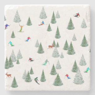 Skiers Downhill Skiing Illustration  Stone Coaster