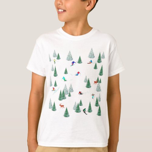 Skiers Downhill Skiing Illustration T_Shirt