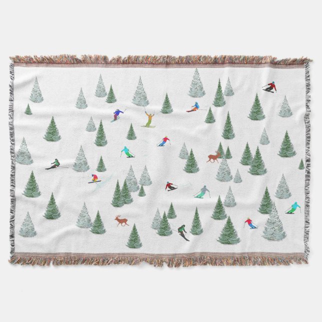 Skiers Downhill Skiing Illustration  Throw Blanket (Front)