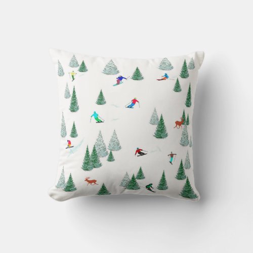 Skiers Downhill Skiing Illustration  Throw Pillow