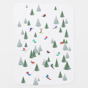 Skiers Downhill Skiing Illustration White  Baby Blanket