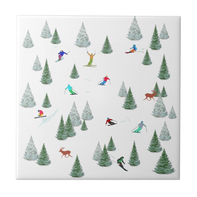 Skiers Downhill Skiing Illustration White  Ceramic Tile (Front)