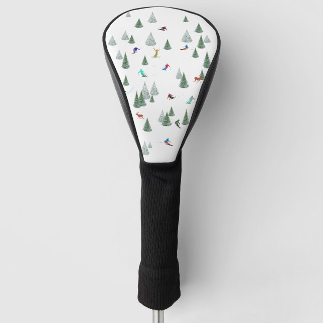 Skiers Downhill Skiing Illustration White Golf Head Cover (Front)