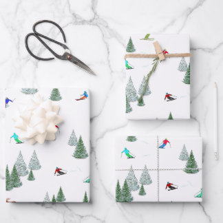 Skiers Downhill Skiing Illustration Wrapping Paper Sheets