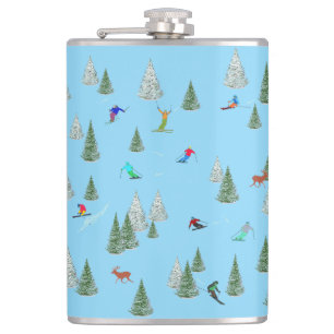Skiers Downhill Skiing Pastel Blue Flask