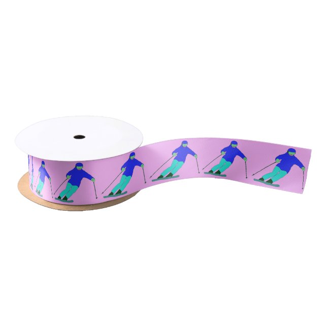 Skiers Downhill Skiing Pastel Pink Satin Ribbon (Spool)