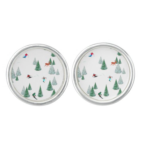 Skiers Downhill Skiing Winter Races Illustration   Cufflinks