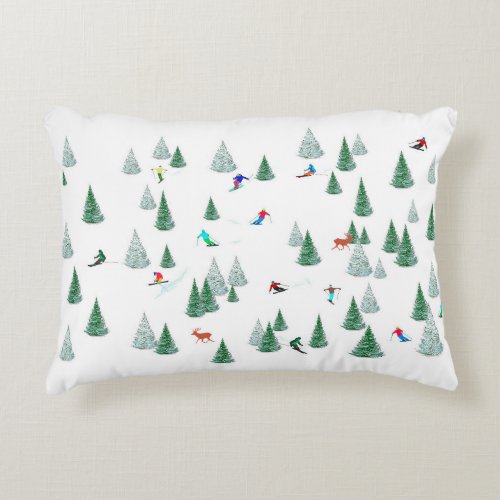Skiers Downhill Skiing Winter Sport Illustration   Accent Pillow