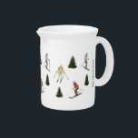 Skiers In Watercolor And Family Name Christmas Beverage Pitcher<br><div class="desc">Destei's original hand-illustrated watercolor pattern featuring women skiing among green fir trees. Each skier wears a different color jacket including red, yellow and teal, bringing energy and life to the winter scene. This design captures the joy of outdoor winter activity and evokes a seasonal, festive feel. There is also a...</div>
