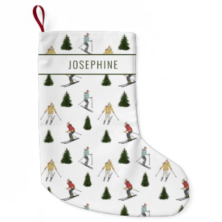 Skiers In Watercolor Winter Pattern With Name Small Christmas Stocking