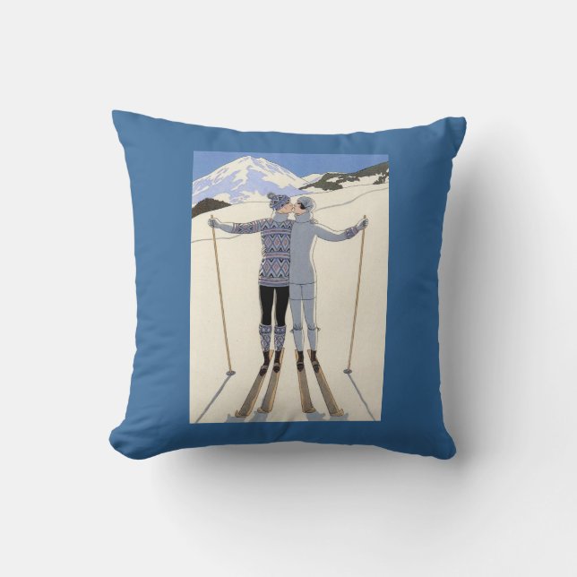 Skiers kiss - Art Nouveau vintage poster Throw Pillow (Front)