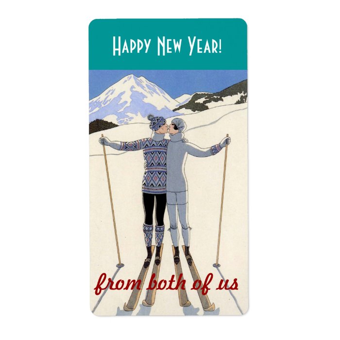 skiers kiss   happy new year both of us personalized shipping label