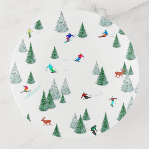Skiers skiing down snow_covered mountain slope trinket tray