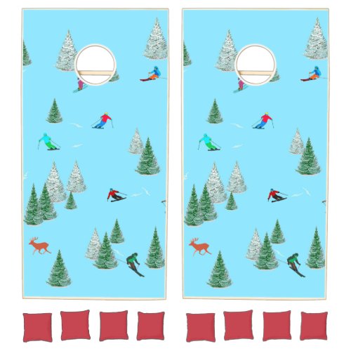 Skiers Skiing Down Snow Covered Slopes  Cornhole Set