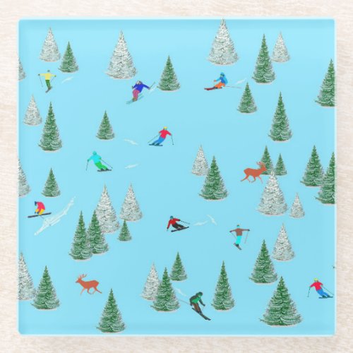 Skiers Skiing Down Snow Covered Slopes   Glass Coaster