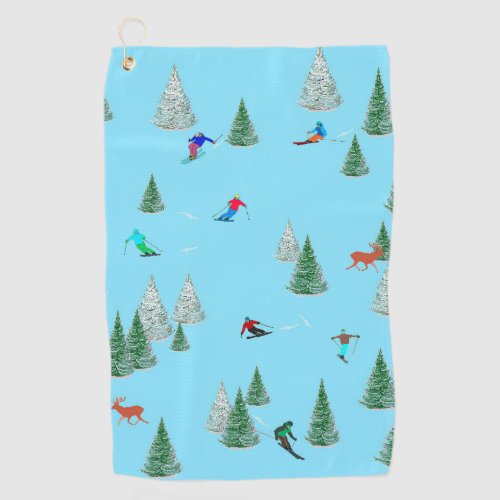 Skiers Skiing Down Snow Covered Slopes   Golf Towel