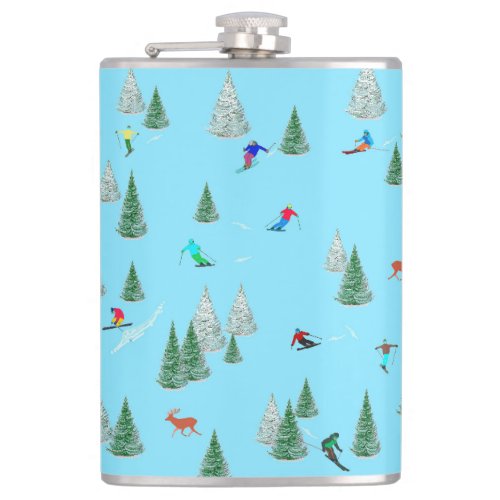 Skiers Skiing Down Snow Covered Slopes Ski Party   Flask
