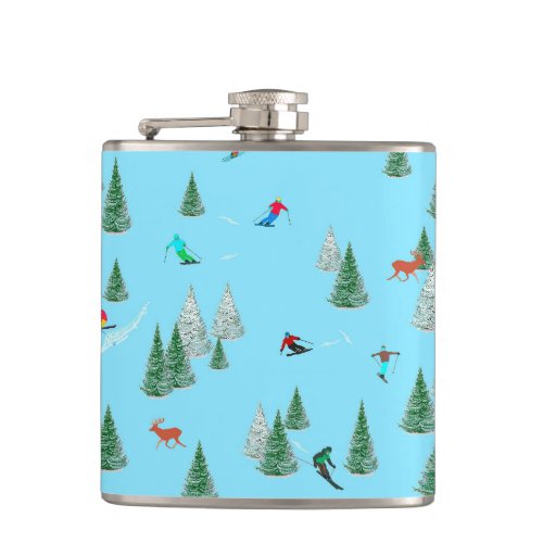 Skiers Skiing Down Snow Covered Slopes Ski Party   Flask