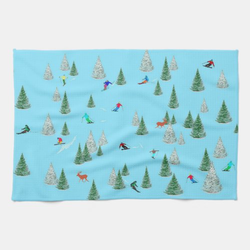 Skiers Skiing Down Snow Covered Slopes Ski Party  Kitchen Towel