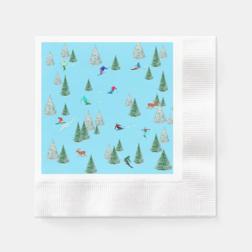 Skiers Skiing Down Snow Covered Slopes Ski Party   Napkins