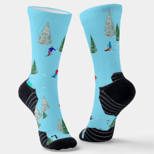 Skiers Skiing Down Snow Covered Slopes Ski Party  Socks