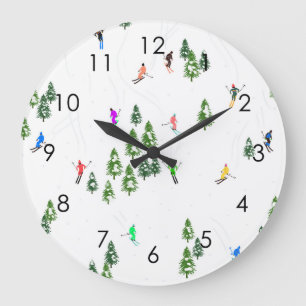 Skiers Skiing Illustration Ski Winter Slope Large Clock