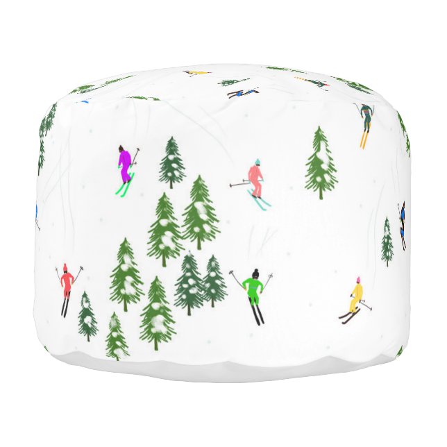 Skiers Skiing Illustration Ski Winter Slope Pouf (Left)