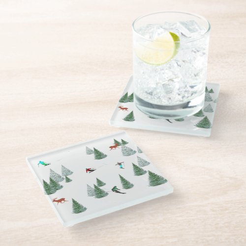 Skiers Skiing Winter Sports Vacation   Glass Coaster