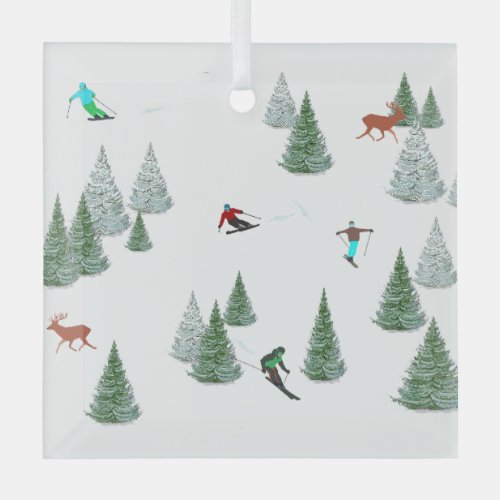 Skiers Skiing Winter Sports Vacation  Glass Ornament
