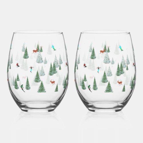 Skiers Skiing Winter Sports Vacation  Stemless Wine Glass