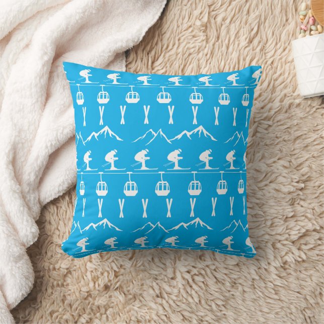 Skiers Skiing with Mountains and Cable Cars Throw Pillow (Blanket)