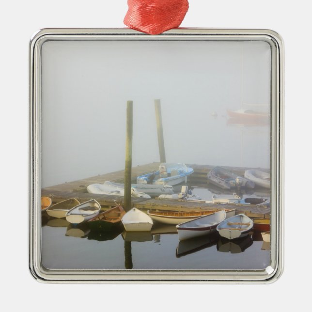 Skiffs and morning fog in Southwest Harbor, Metal Ornament (Front)