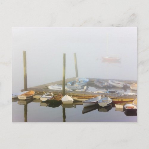 Skiffs and morning fog in Southwest Harbor Postcard