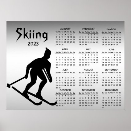Skiing 2023 Silver Black Sports Calendar Poster