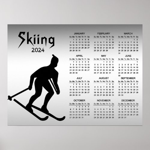 Skiing 2024 Silver Black Sports Calendar Poster