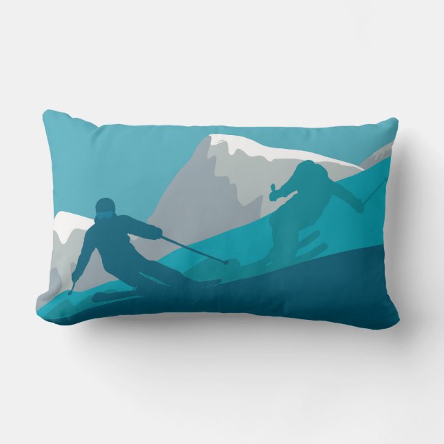 Skiing At Mountains - Skiers Abstract Illustration Lumbar Pillow (Front)