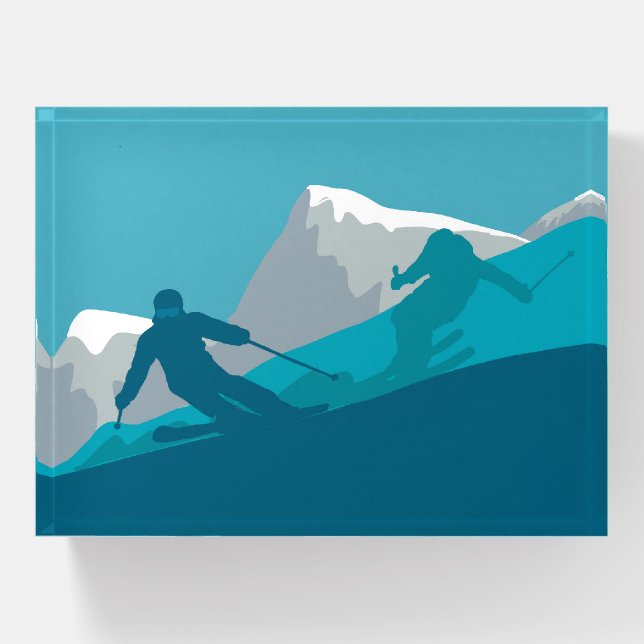 Skiing At Mountains - Skiers Abstract Illustration Paperweight (Front)