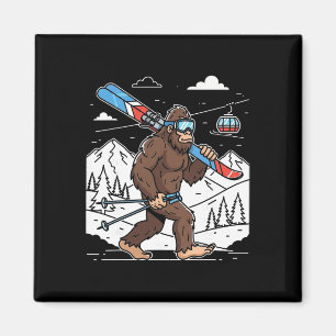 Skiing Bigfoot Funny Sasquatch Skier Snow Mountain Magnet