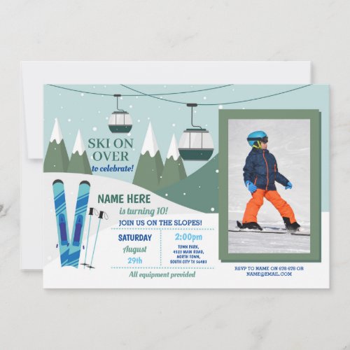 Skiing Birthday Party Slopes Ski Snowboard Photo Invitation