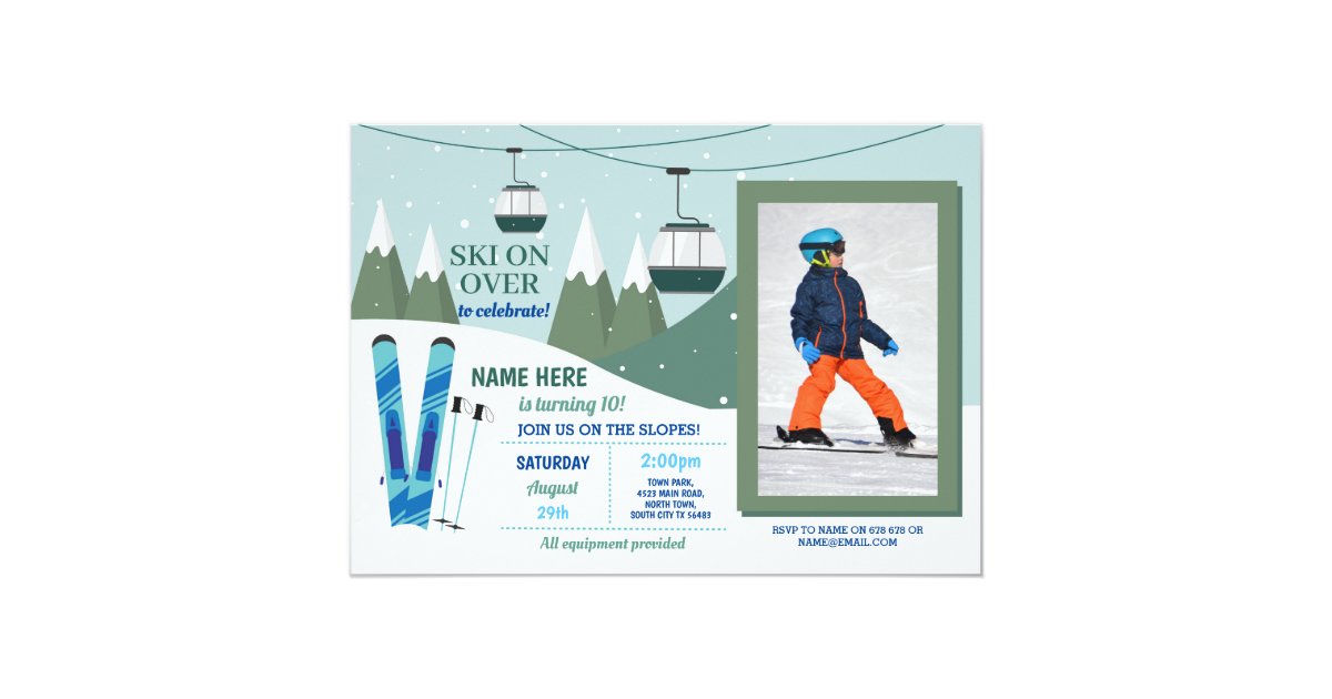 Skiing Birthday Party Slopes Ski Snowboard Photo Invitation | Zazzle.com