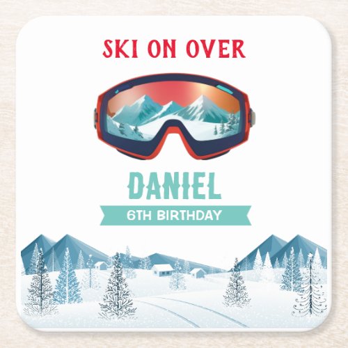Skiing Birthday Party Slopes Ski Snowboard  Square Paper Coaster