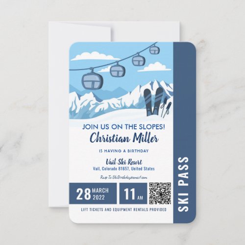 Skiing Birthday Party Slopes Ski Snowboard Ticket  Invitation