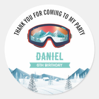 Skiing Birthday Party Snowboard Classic Round Sticker