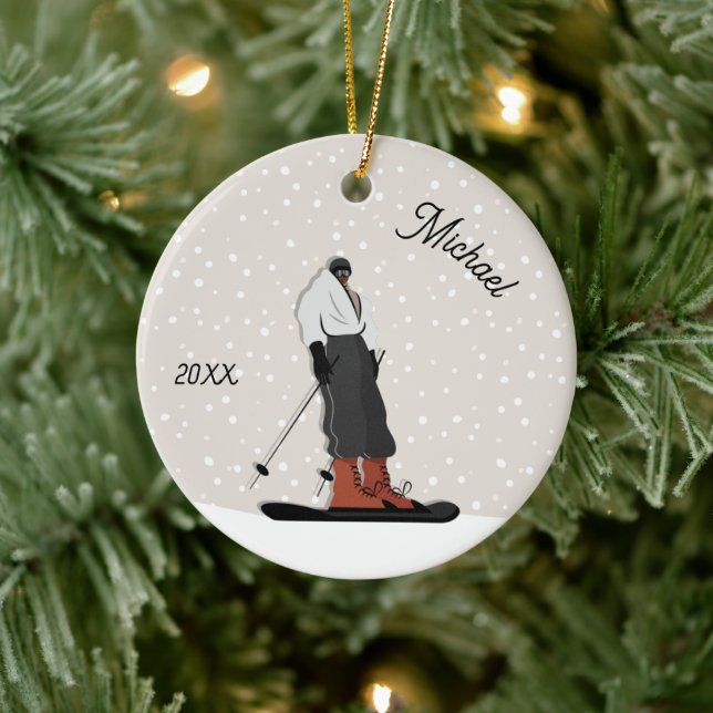 Skiing Boy Silhouette Winter Sport Kid Name & Year Ceramic Ornament (Tree)