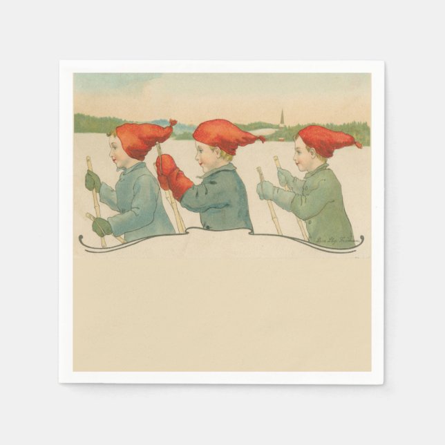 Skiing boys, Old Scandinavian, Christmas Napkins (Front)