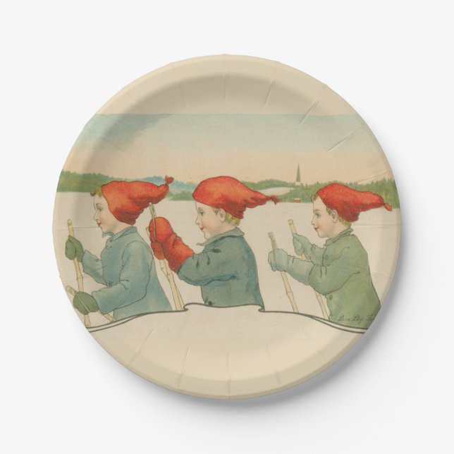 Skiing boys, Old Scandinavian, Christmas Paper Plates (Front)