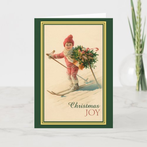 Skiing Child Delivering Christmas Bouquet Card